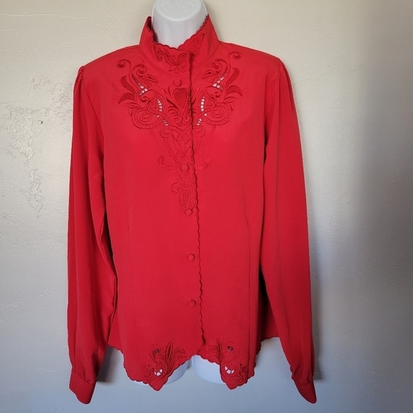 Christie & Jill Vintage Red Long Sleeve Blouse Delicate Embroidered Mockneck 10T - Picture 1 of 7